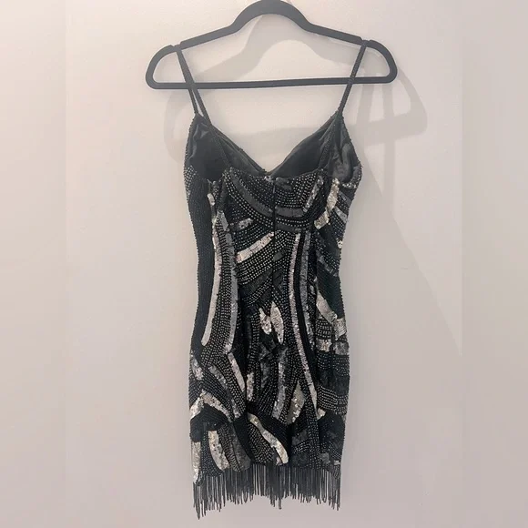 Vintage SCALA Black & Silver Beaded Fringe Dress | Size M | Made in India - Picture 5 of 7